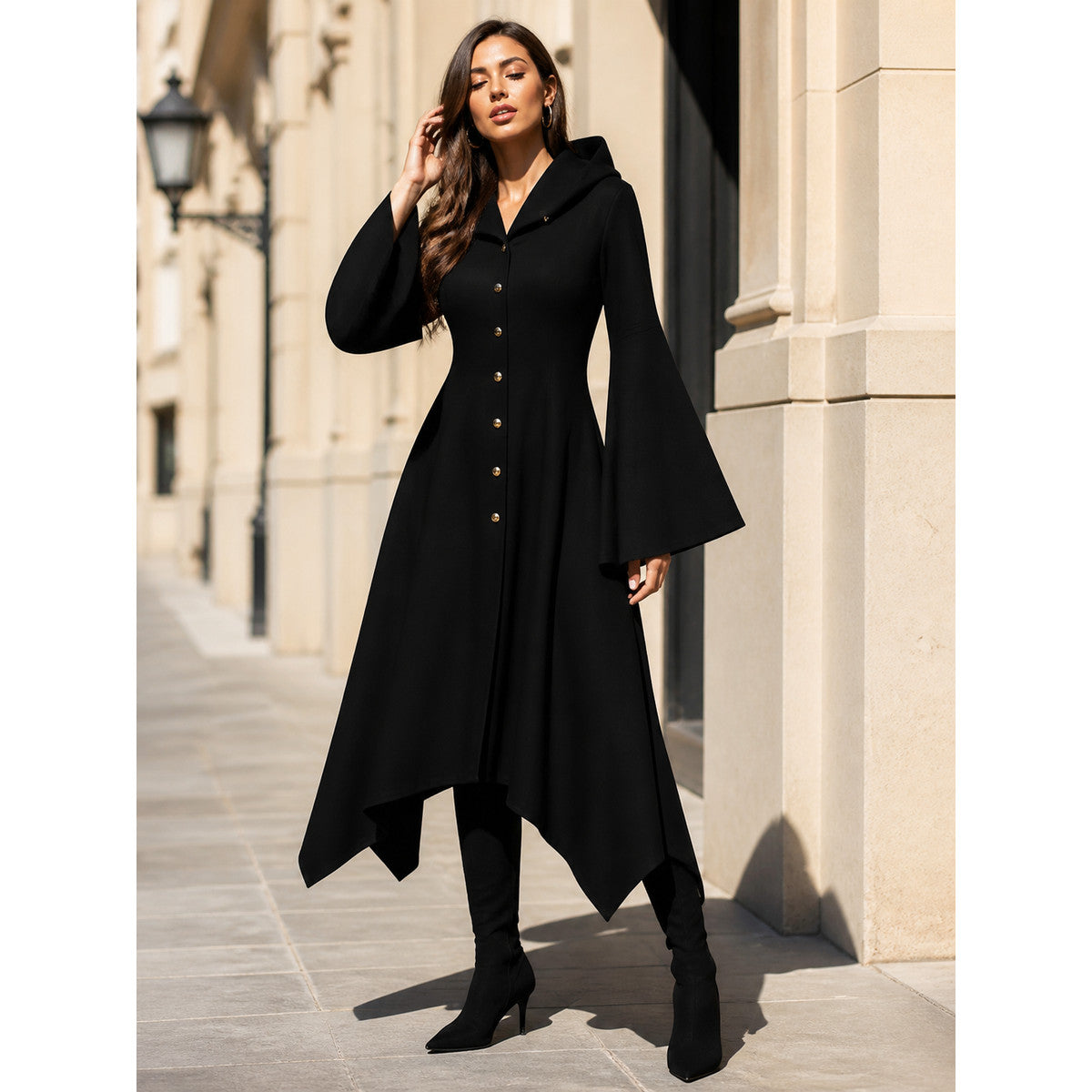 Women's Long Hooded Cloak with Flared Sleeves