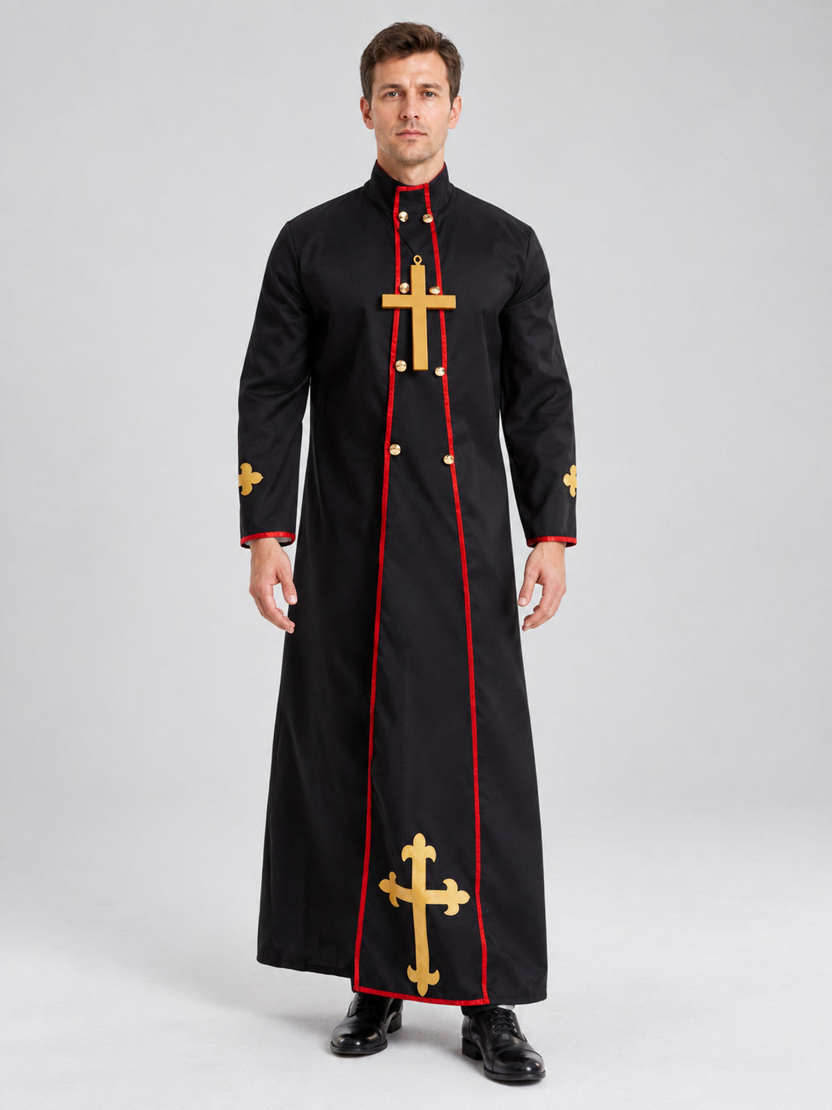 Long Cassock with Red Trim and Gold-Tone Crosses on-model view