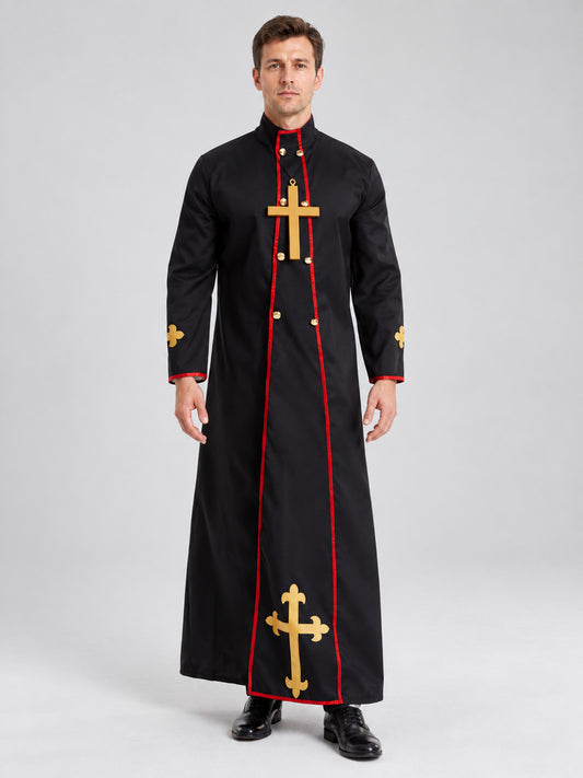 Long Cassock with Red Trim and Gold-Tone Crosses on-model view