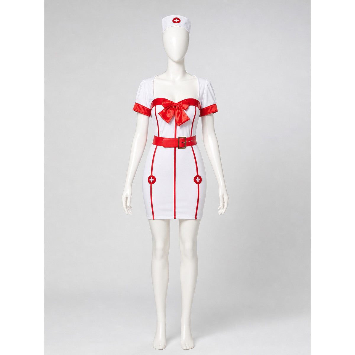 White-and-Red Nurse Costume with Bow and Belt