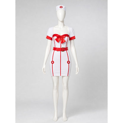 White-and-Red Nurse Costume with Bow and Belt