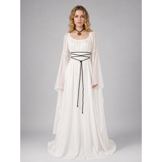 Long White Dress with Flared Sleeves and Lacing