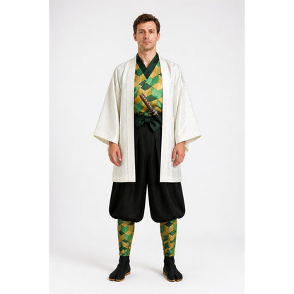 Sabito Cosplay Costume with White Haori and Geometric Pattern main product view