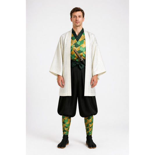 Model wearing the Sabito cosplay costume: white haori over a green and yellow geometric print top, black pants and matching gaiters, front view