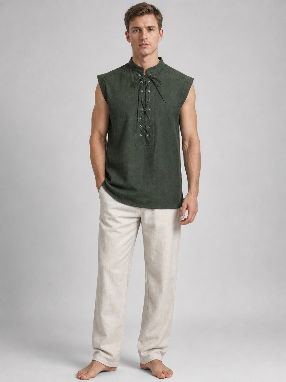 Lace-Up Vest with Stand Collar, Dark Green on-model view