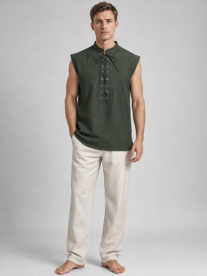 Lace-Up Vest with Stand Collar, Dark Green on-model view