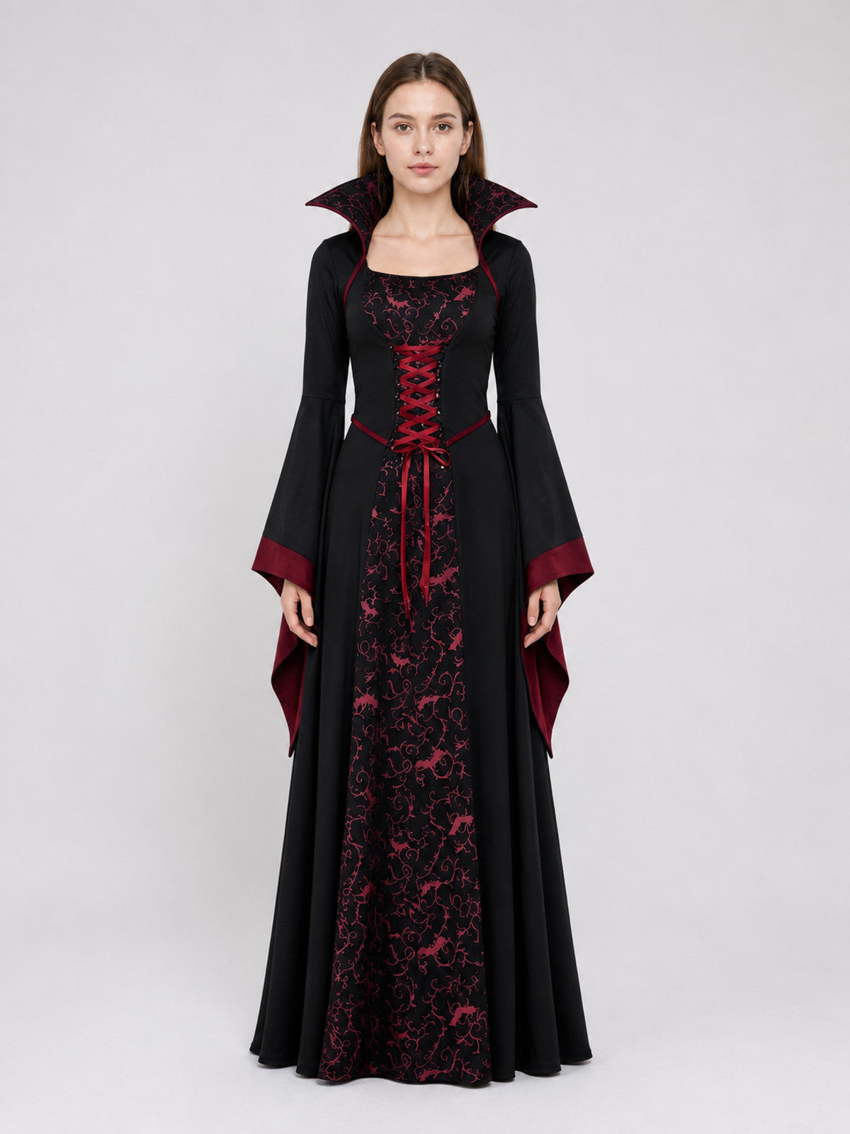 Black Carnival Dress with Burgundy Pattern on-model view