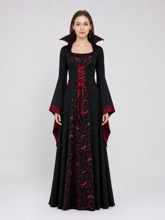 Black Carnival Dress with Burgundy Pattern on-model view
