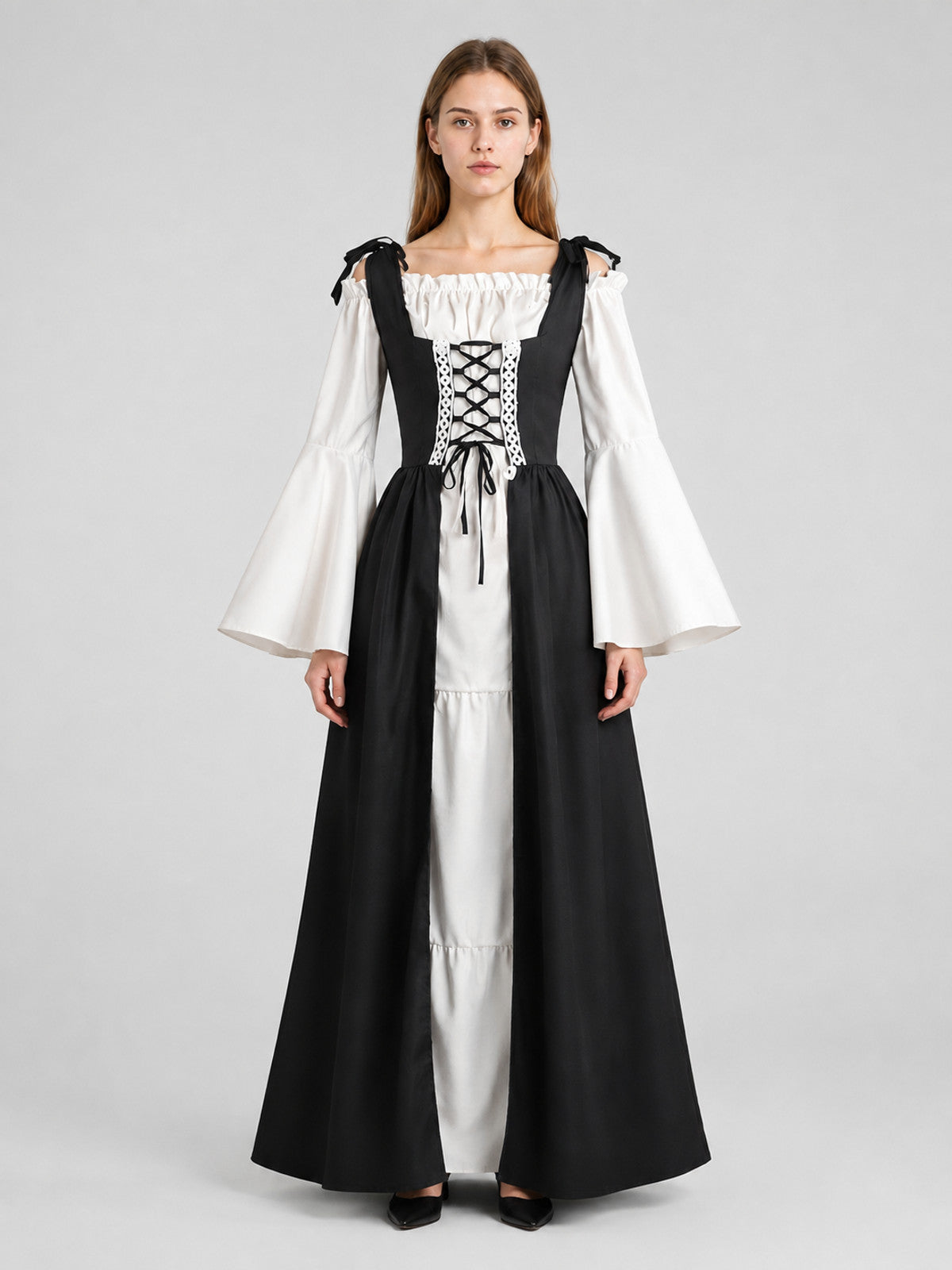 Long Medieval-Style Dress with Lace-Up Detail on-model view