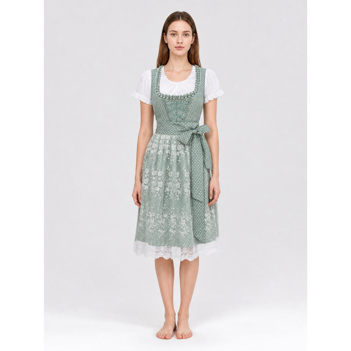 Lace and Lace-Up Dirndl Dress, Green