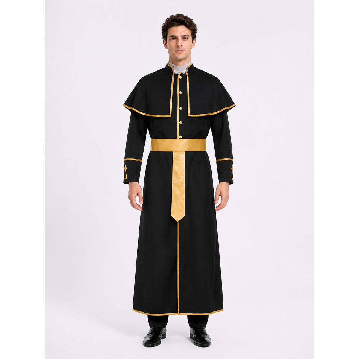 Carnival Costume: Black Robe with a Gold Cross front view