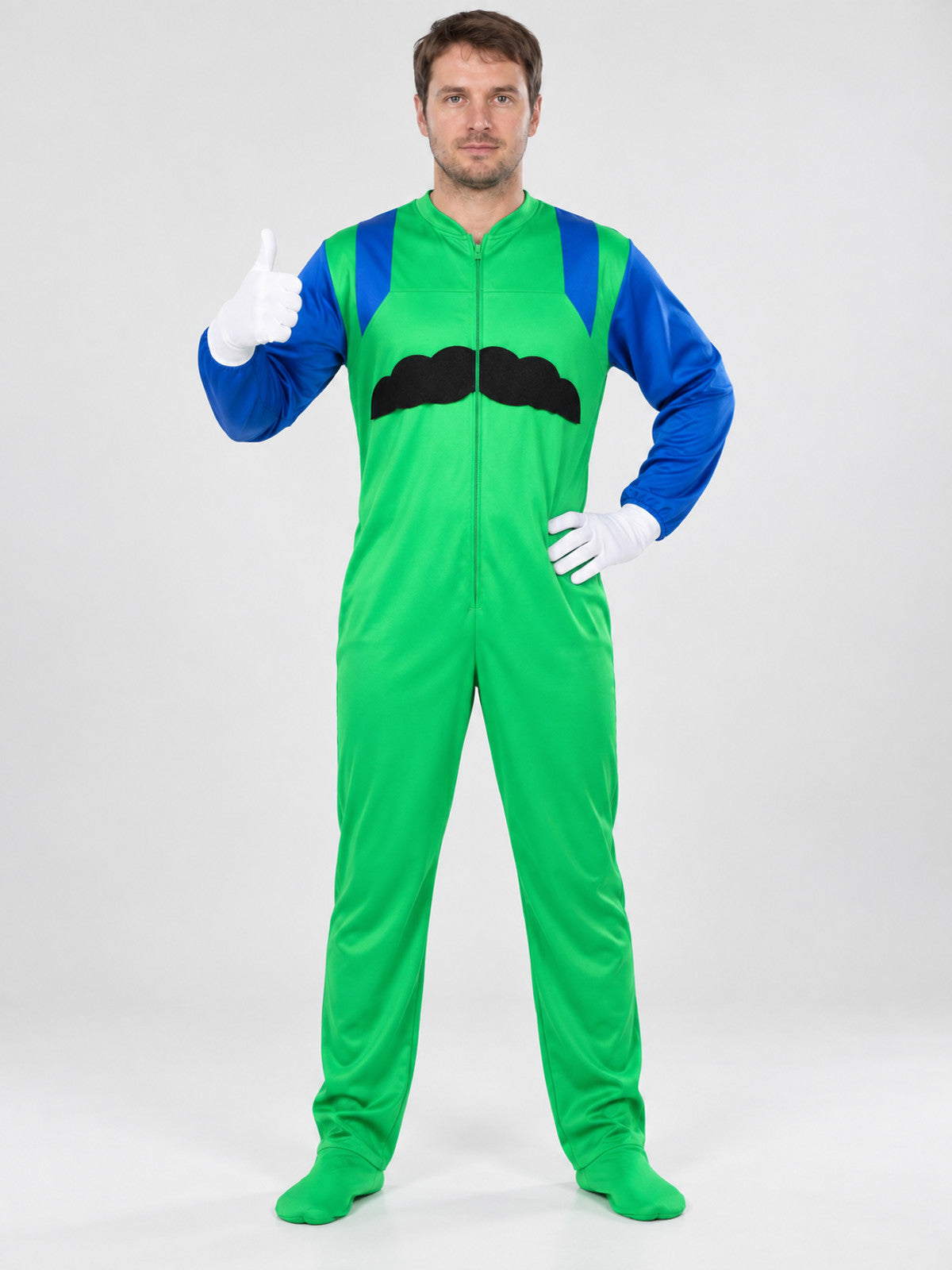 Super Mario costume with mustache and gloves
