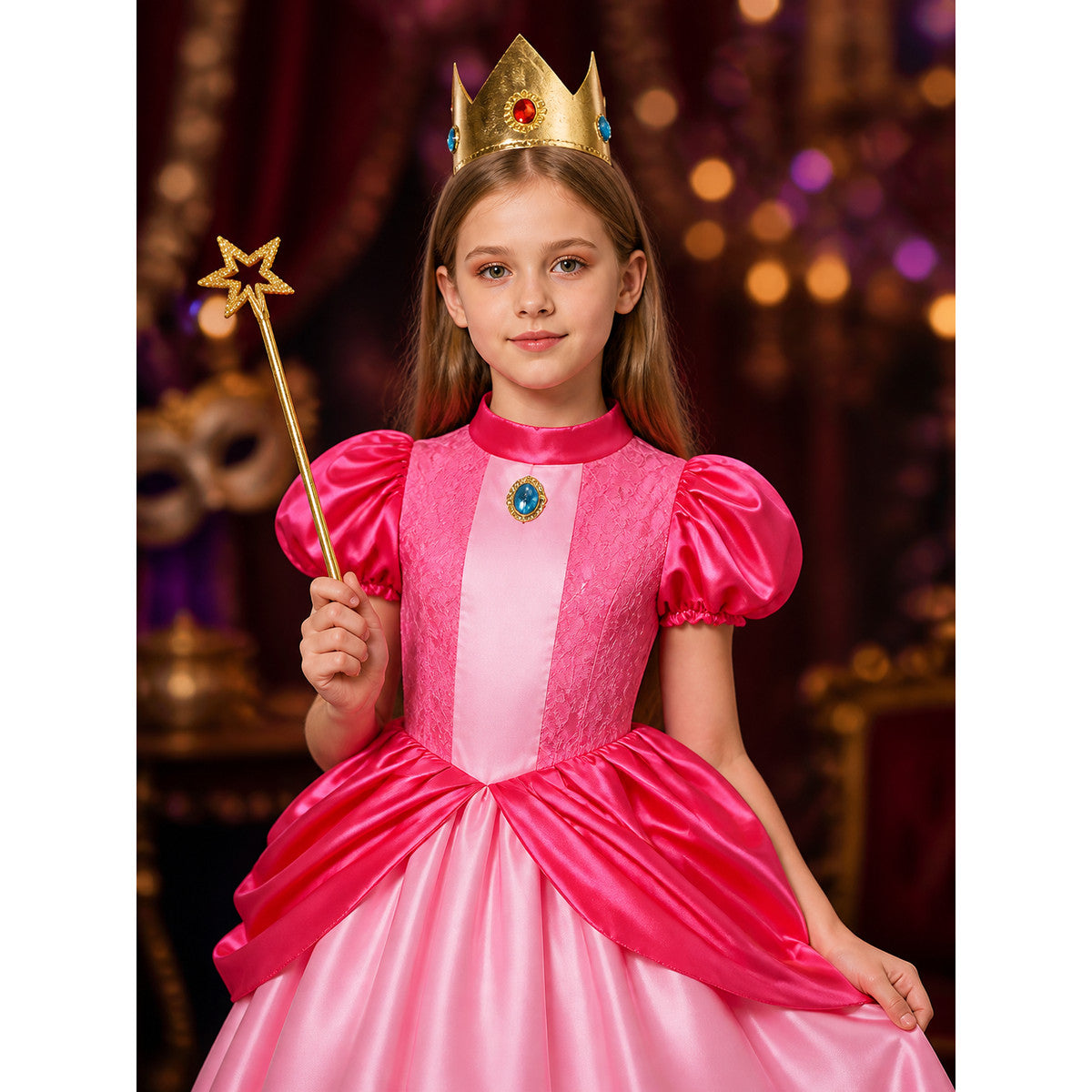 Girls Pink Princess Ball Gown with Crown and Wand, Ruffle Lace Halloween Costume on-model view