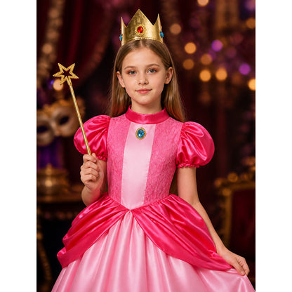 Girls Pink Princess Ball Gown with Crown and Wand, Ruffle Lace Halloween Costume on-model view