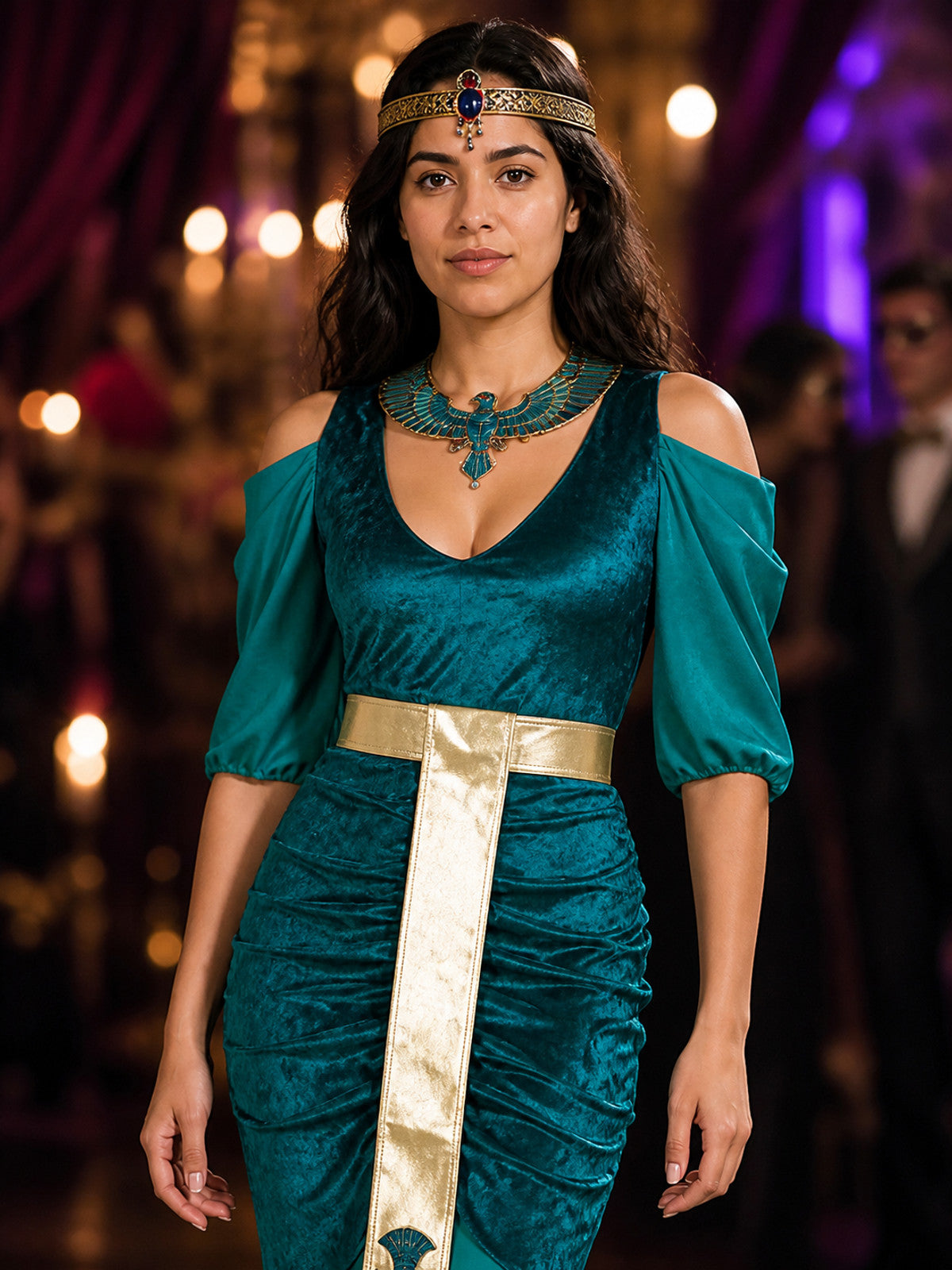 Cleopatra Cosplay Costume, Blue-Green Long Dress with Gold Egyptian Details on-model view