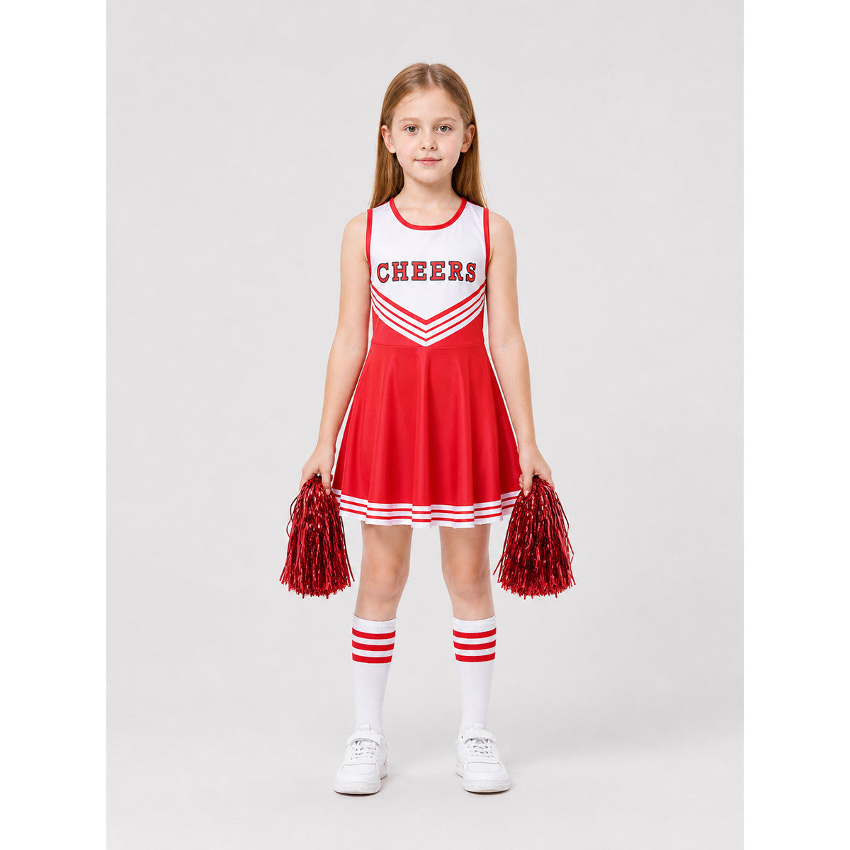 Cheerleading Costume: Dress, Leg Warmers, and Pom-Poms on-model view