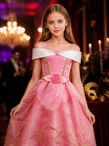 Girls' Princess Dress Costume, White Collar & Gold Trim, Pink Tutu Dress for