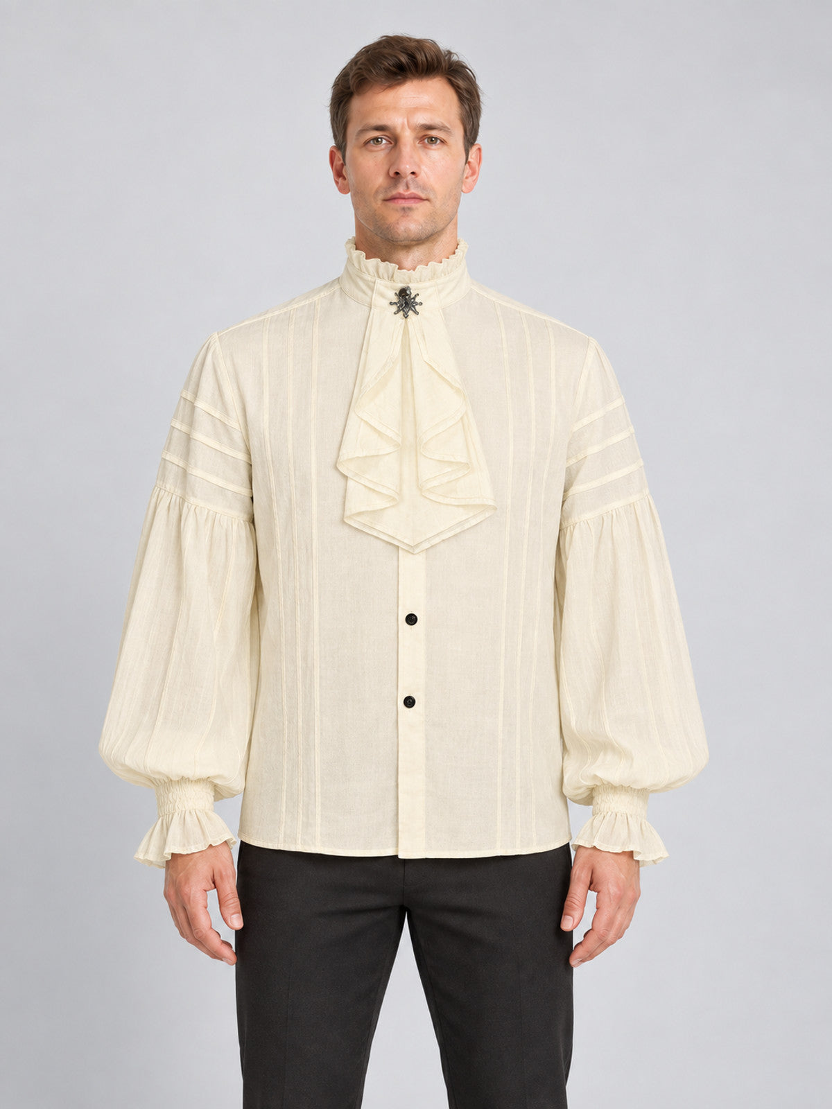 Beige Striped Button-Down Shirt with Jabot and Ruffles