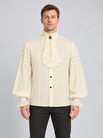 Beige Striped Button-Down Shirt with Jabot and Ruffles
