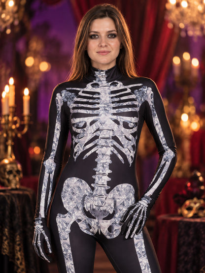 Black and White Skeleton Costume with Print and Stand Collar