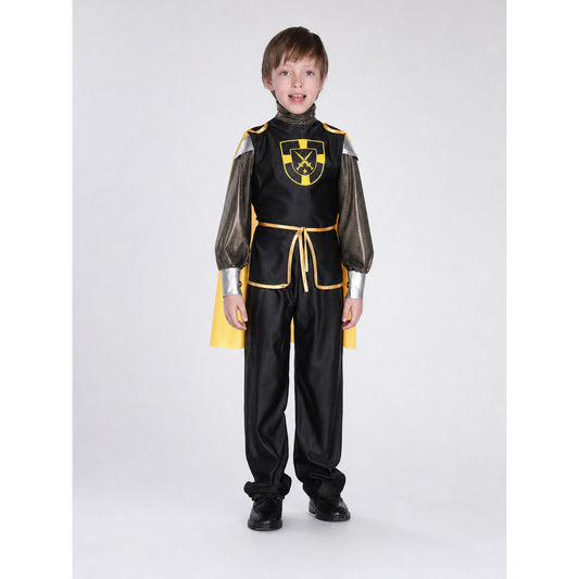 Children's knight costume with tunic, cape, and pants on-model view