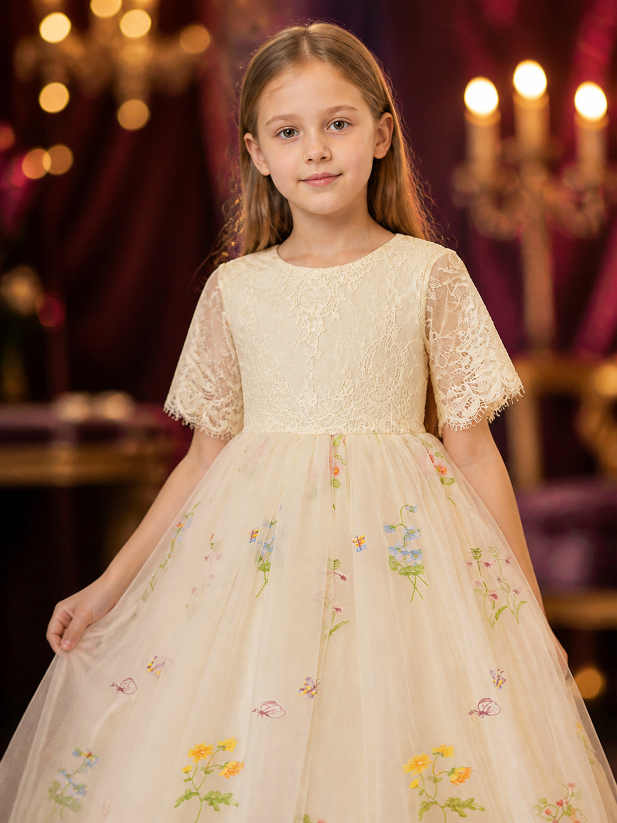 Girls' Princess Dress, Lace Bodice, Layered Tulle Skirt With Floral Butterfly on-model view