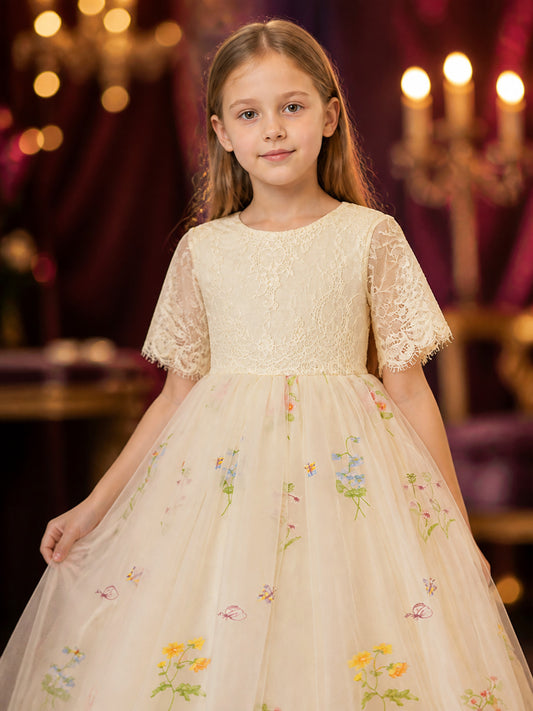 Girls' Princess Dress, Lace Bodice, Layered Tulle Skirt With Floral Butterfly on-model view