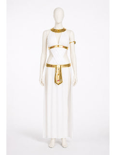 Women's White Cleopatra Costume – Halter Maxi Dress with Gold Collar, Headband & High Slits
