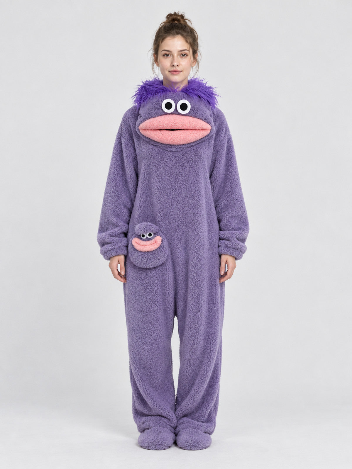 Insulated Fleece Pajama Jumpsuit with Cartoon Decor