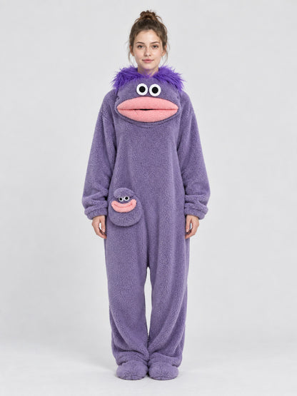 Insulated Fleece Pajama Jumpsuit with Cartoon Decor