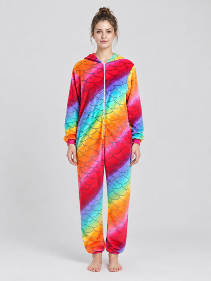 Flannel Rainbow Scale Print Jumpsuit Pajamas