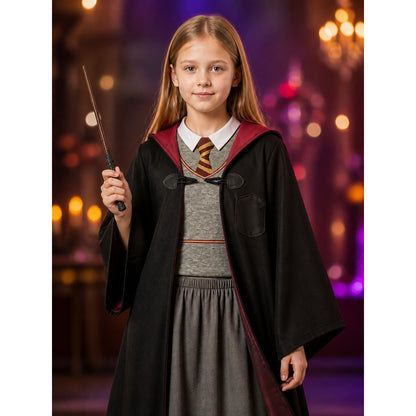 Kids Wizard Costume Set, Hooded Robe, Vest, Skirt and Wand on-model view