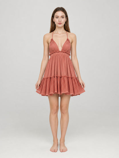 Cotton Boho-Style Sundress with an Open Back front view