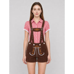Women's Oktoberfest Costume – Red Plaid Shirt & Brown Lederhosen Shorts with Detachable Suspenders