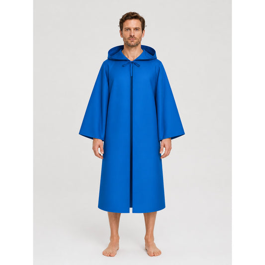Blue Long Hooded Cloak for Halloween and Cosplay on-model view