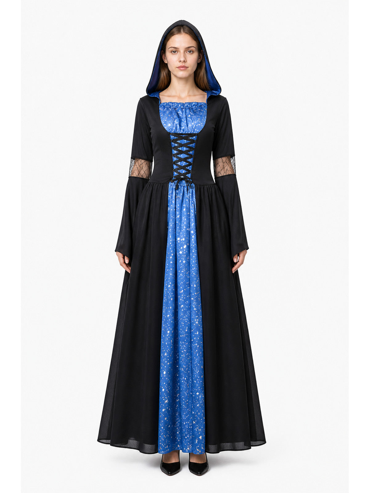 Long Black and Blue Witch Dress with Hood and Stars main product view