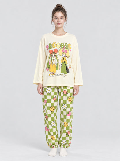Pajama Set with Cartoon Print and Plaid Pants