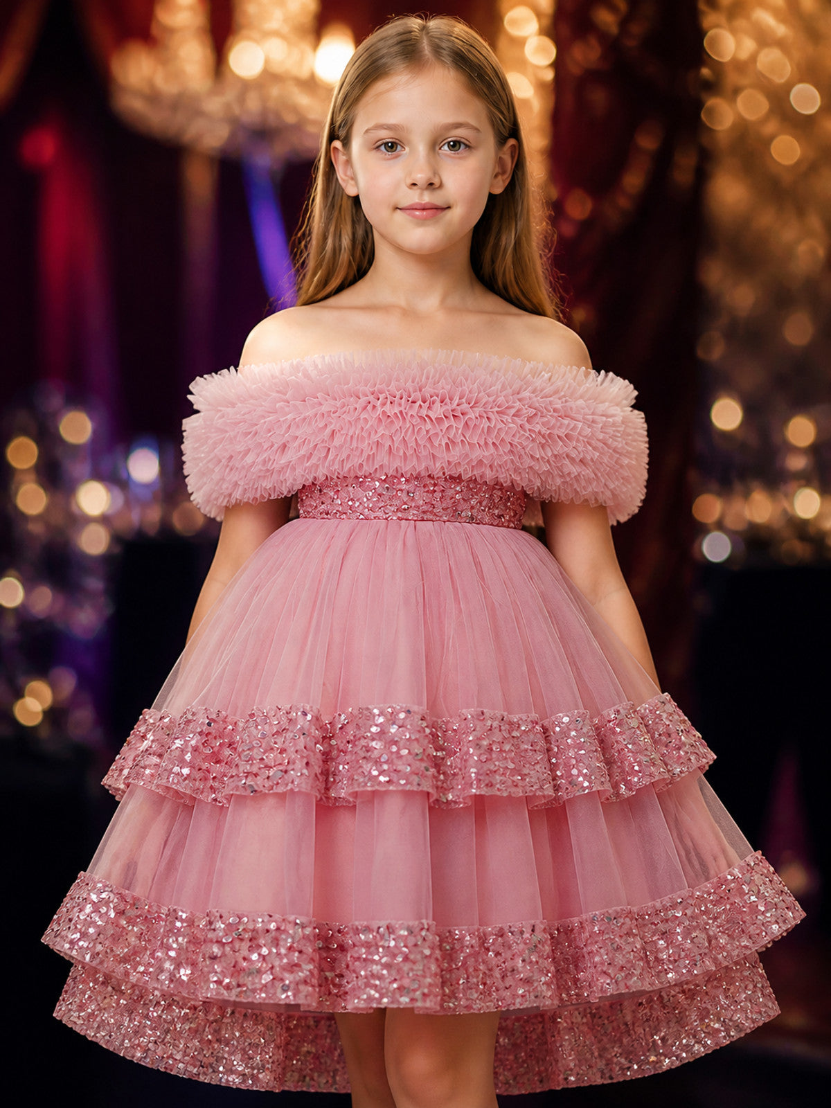 Girls' Princess Tulle Dress with Sequin Waistband and Layered Tutu Skirt
