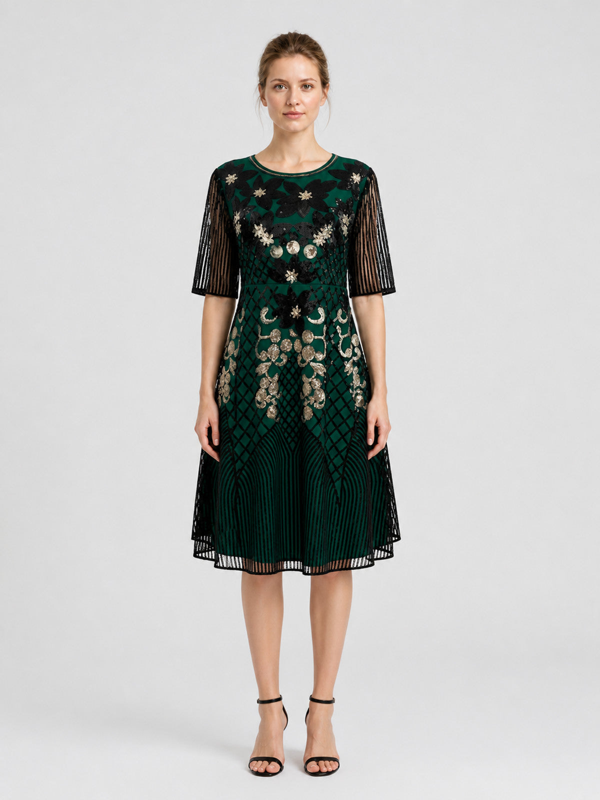 1920s-Style Sequin Dress with 3/4 Sleeves on-model view