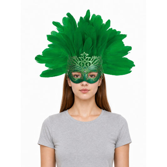 Carnival Mask with Green Feathers and Glitter