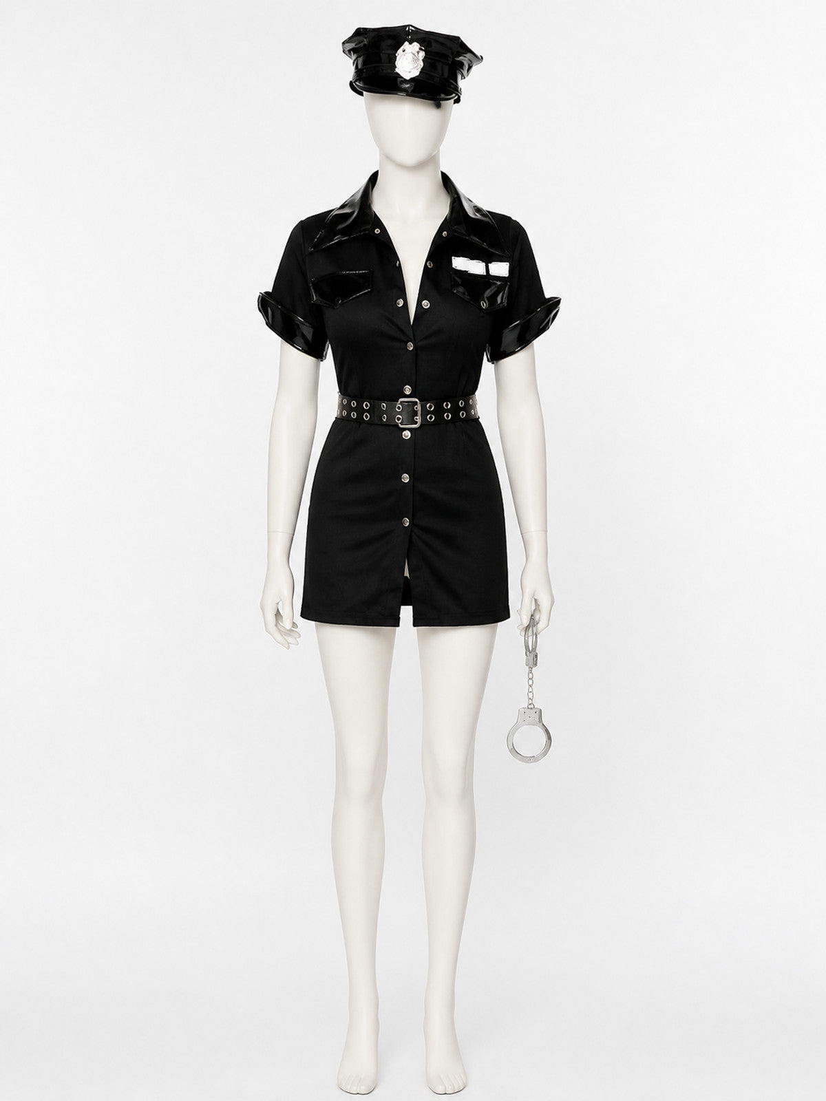 Women's Sexy Police Officer Costume Set, Black Short Sleeve Bodysuit with Hat on-model view