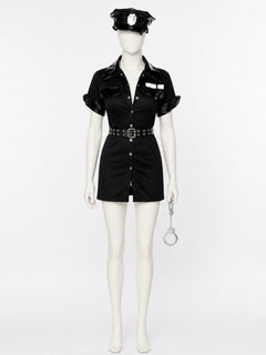 Women's Sexy Police Officer Costume Set, Black Short Sleeve Bodysuit with Hat