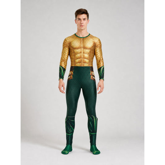 This set is designed for a striking water-themed superhero look and is suitable for children's dress-up, cosplay, costume parties, stage performances, and themed performances. The set includes a one-piece jumpsuit costume with long sleeves,