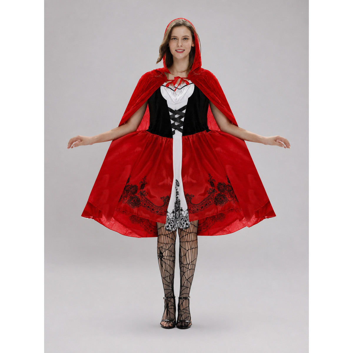Dress with Hooded Cape, Red-and-Black Look