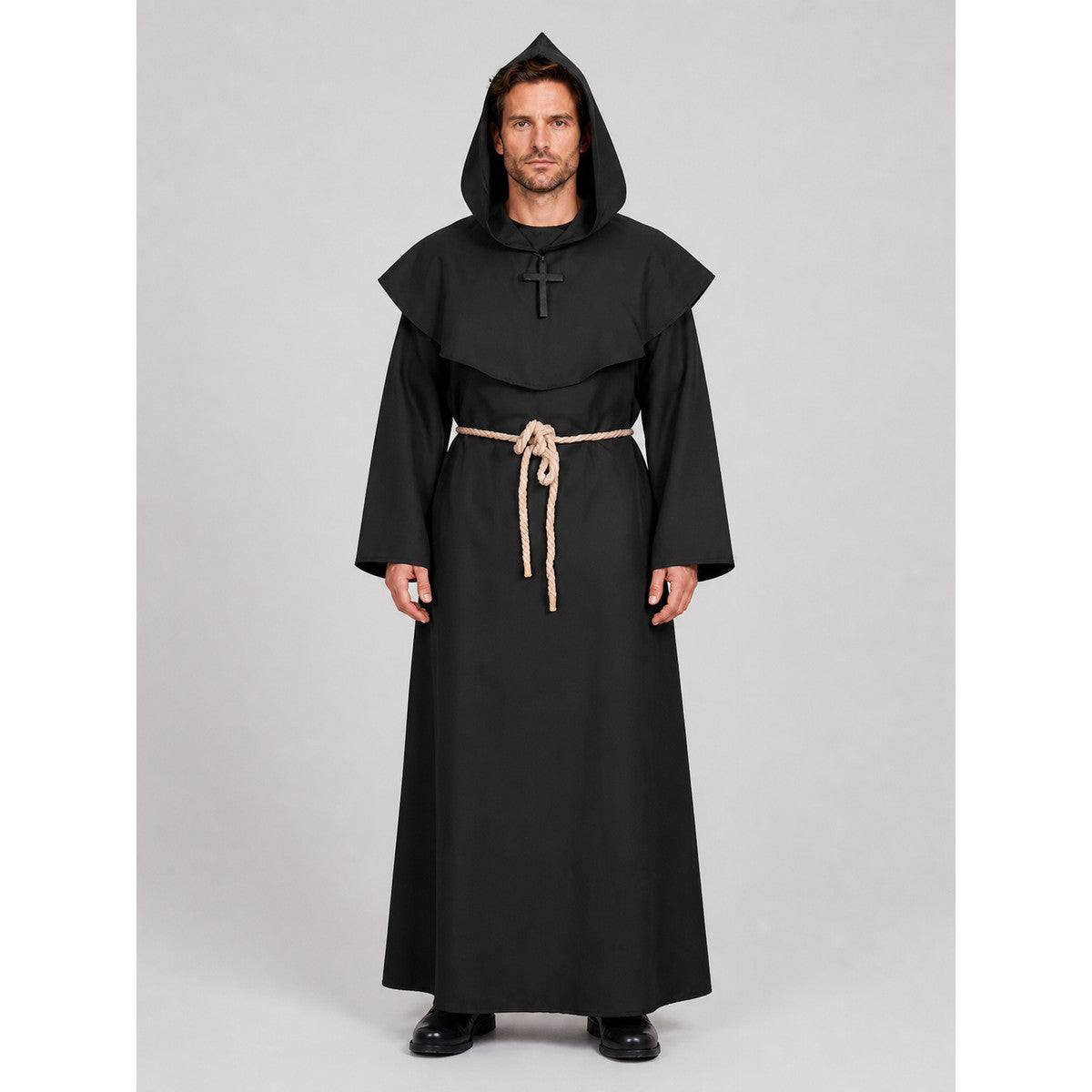 Monk's robe with hood, shoulder cape, and belt on-model view