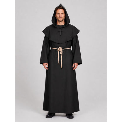 Monk's robe with hood, shoulder cape, and belt on-model view