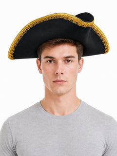 Classic Pirate Tricorn Hat, Black Three-Cornered Costume Hat with Gold Braided Trim and Decorative Gold Edging for Cosplay, Costume Parties and Themed Events