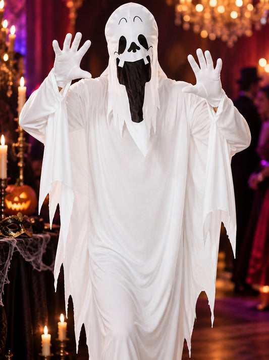 White ghost Halloween costume with hood and black mouth