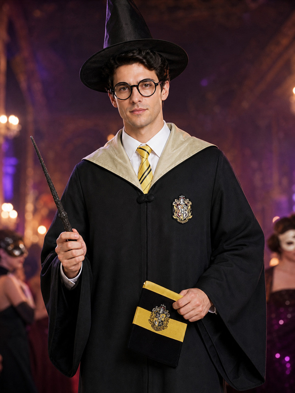 Black and Yellow Wizard Costume Set with Hooded Robe, Hat, Tie, Glasses and Wand on-model view