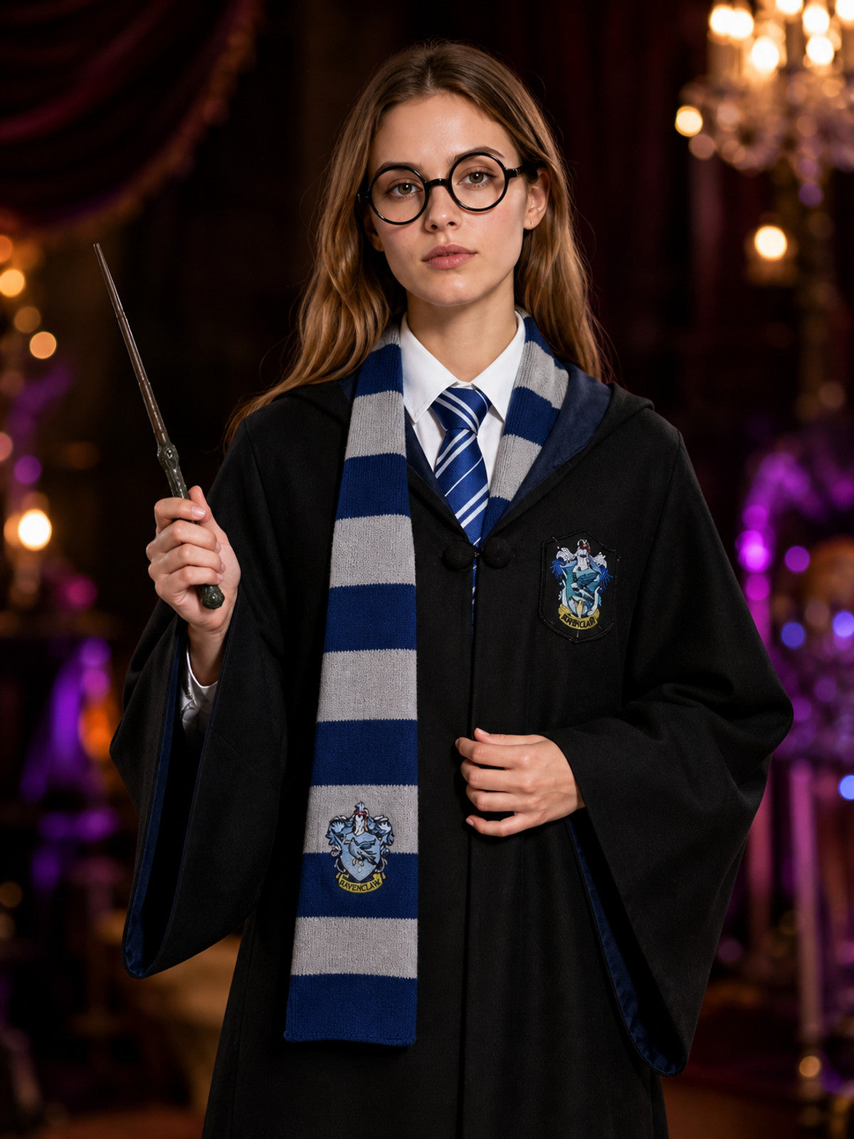 Ravenclaw Wizard Costume with Hood for Cosplay on-model view